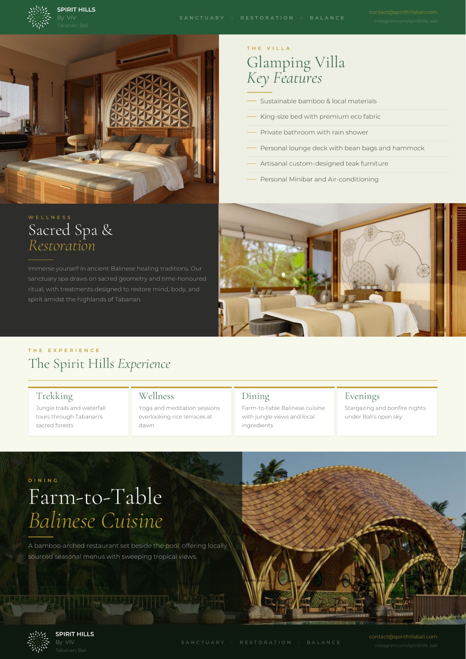 Spirit Hills brochure spread, glamping villa suites and farm-to-table Balinese cuisine