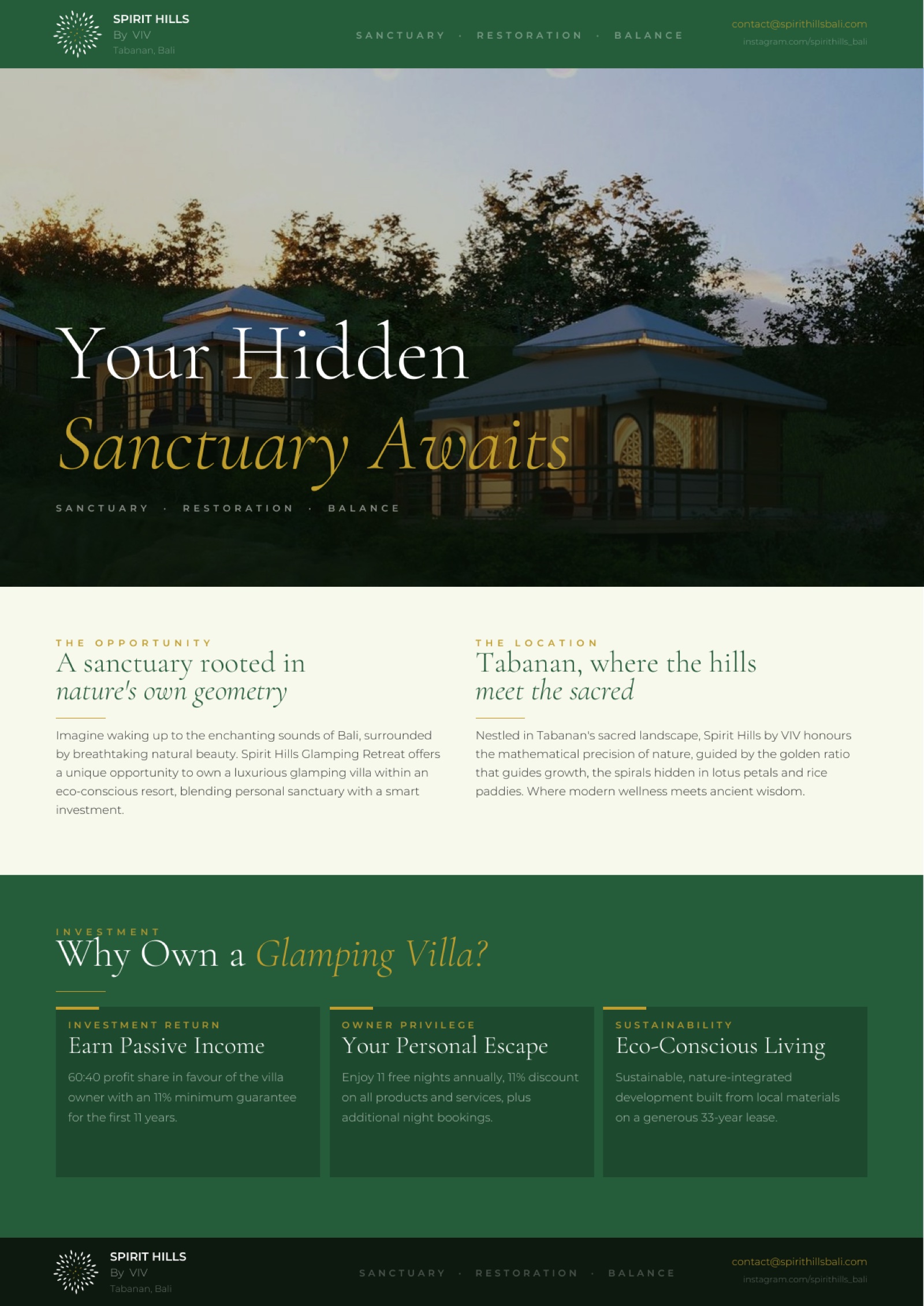 Spirit Hills sales website, Your Hidden Sanctuary Awaits hero and ownership pages