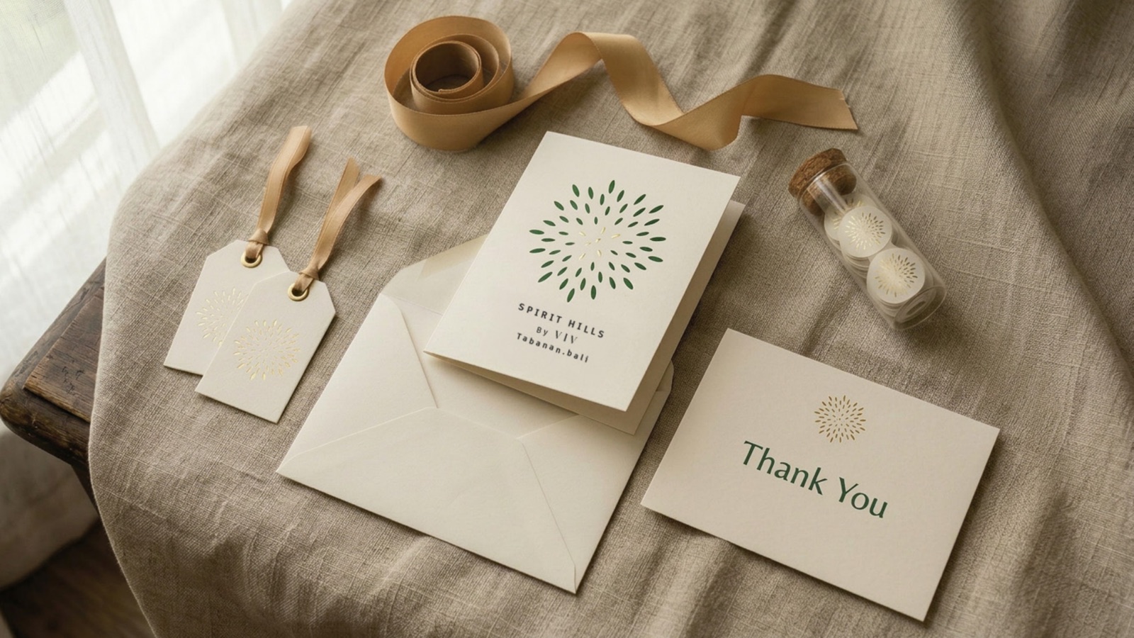 Spirit Hills welcome and thank-you cards tied with twine on natural linen