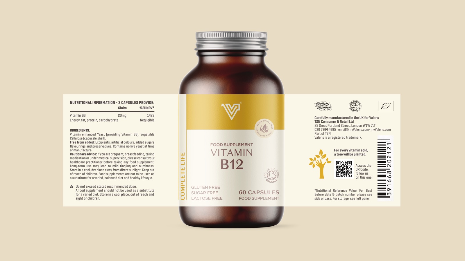 Valens supplement bottle with a yellow gold label