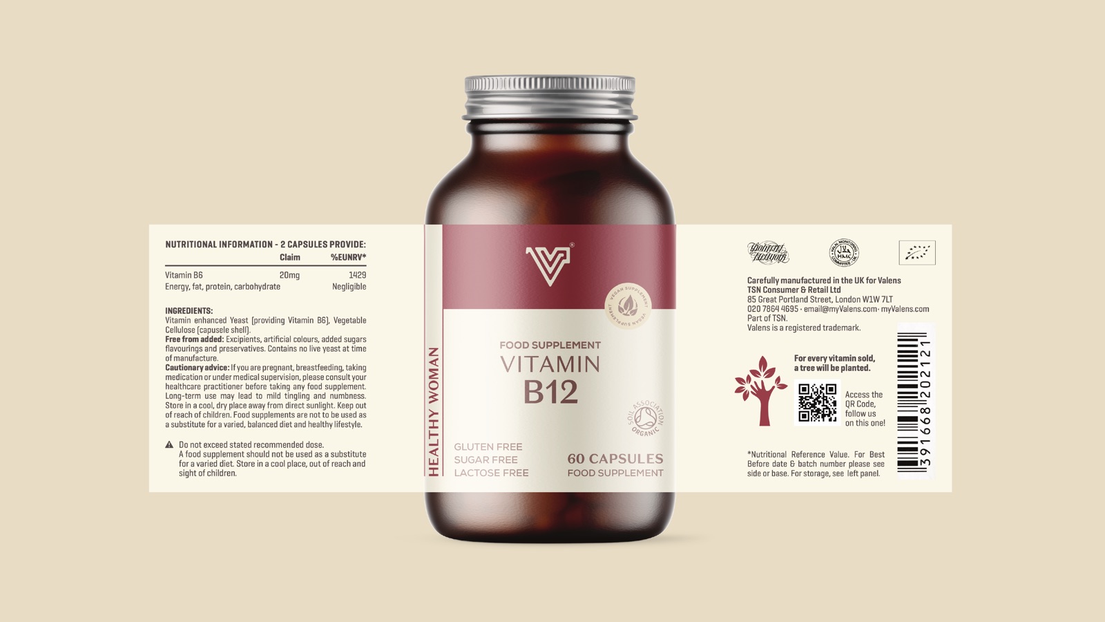 Valens supplement bottle with a deep berry label
