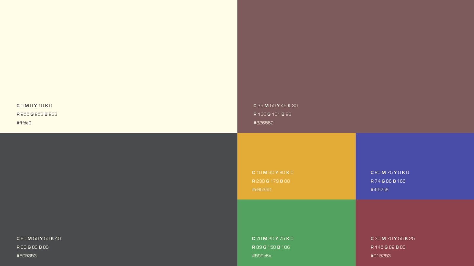Valens colour palette board with CMYK, RGB and hex values