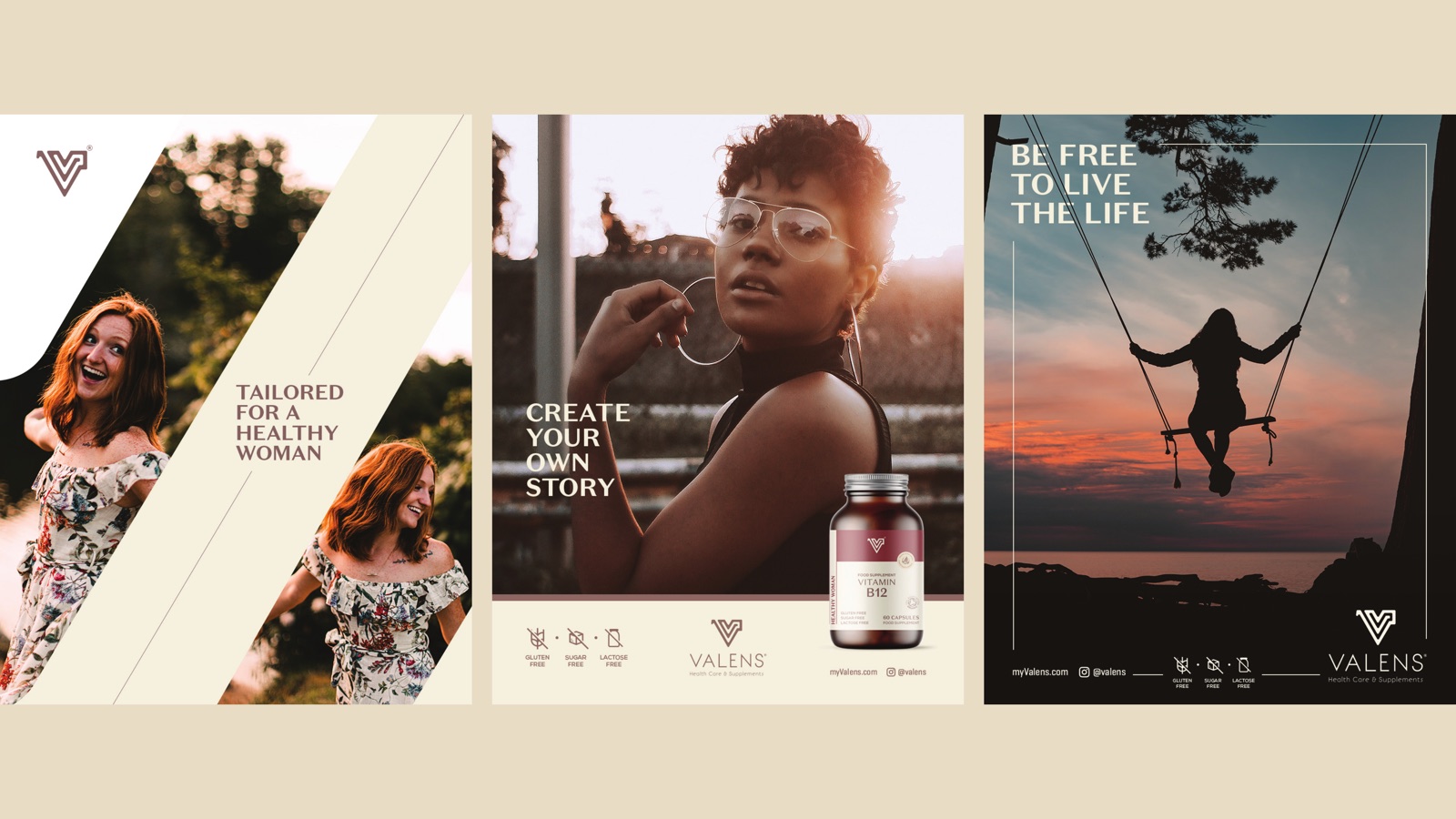 Valens social content, bottles set against lifestyle photography