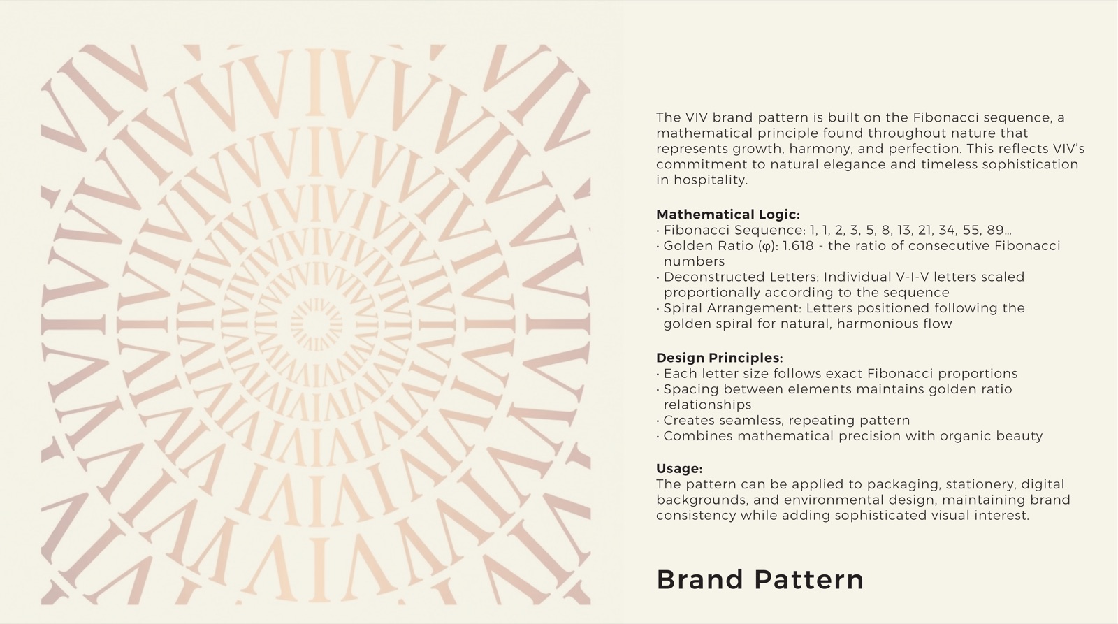 VIV brand pattern page, the V-I-V letters arranged on a Fibonacci spiral following the golden ratio