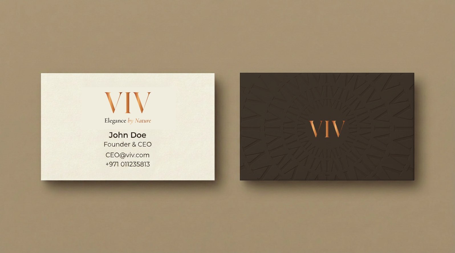 VIV business card, the copper monogram applied