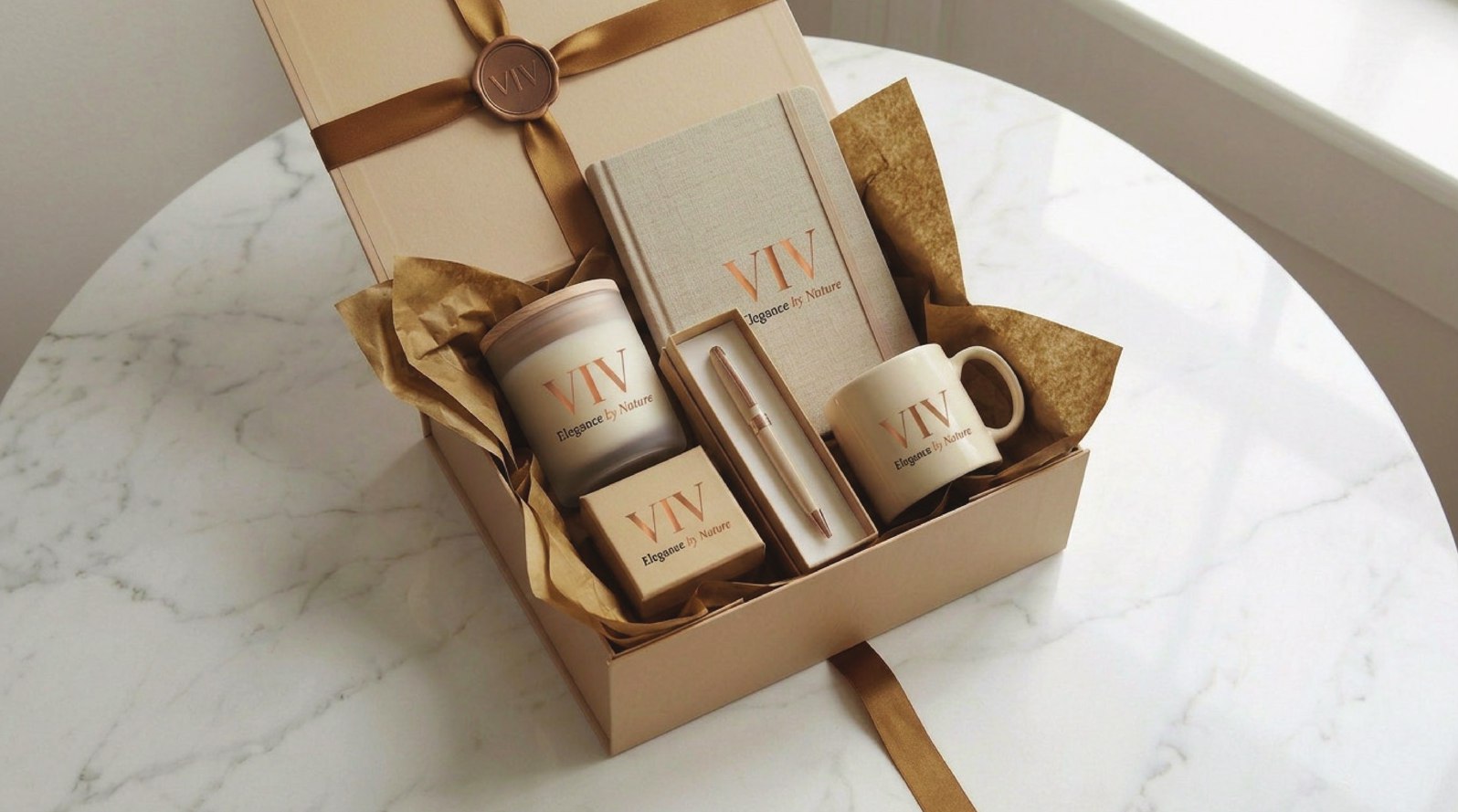 A VIV branded gift box set, the monogram across a keepsake presentation case