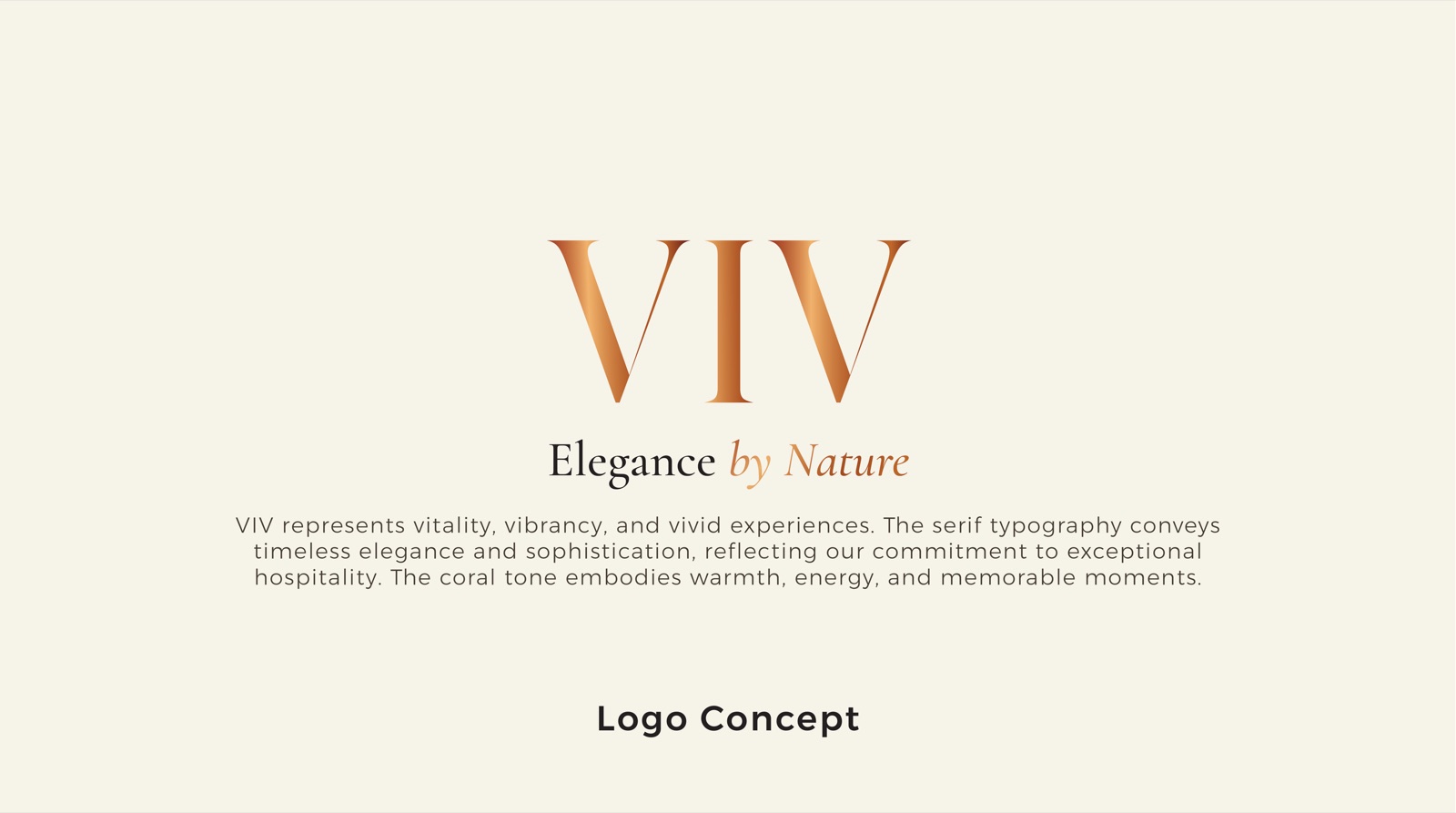 VIV logo concept page, the serif monogram with Elegance by Nature lockup