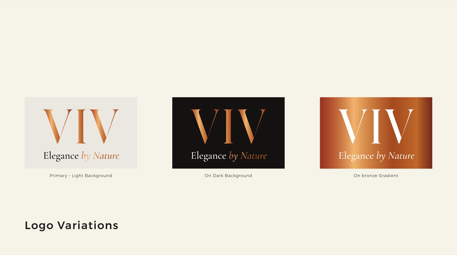 VIV logo variations, primary on light, reversed on dark, and over the bronze gradient