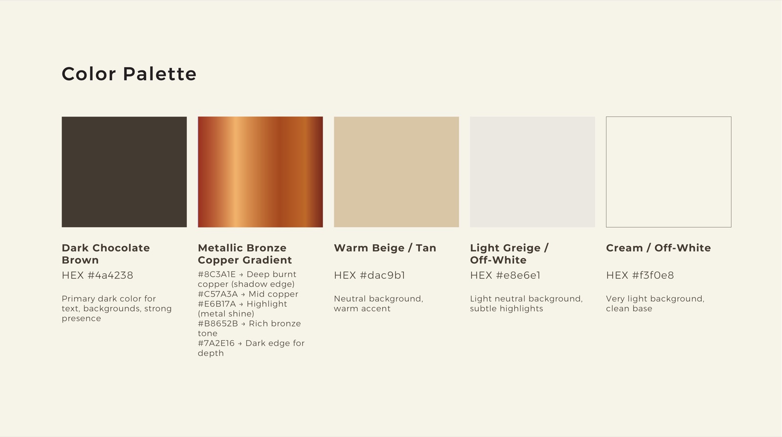 VIV colour palette page, the copper gradient broken into burnt, mid copper, highlight, bronze and dark edges, with warm neutrals