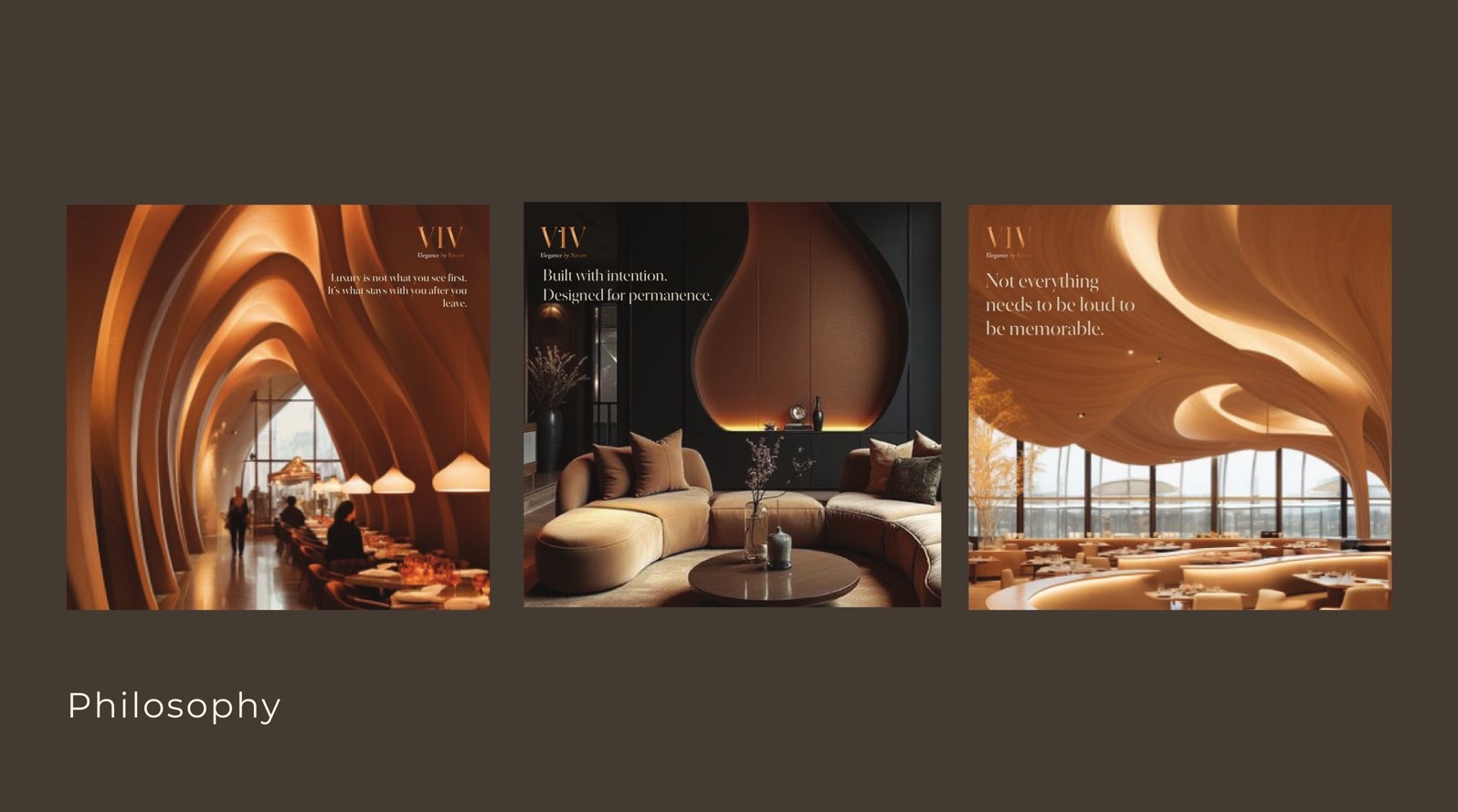 VIV philosophy page, a dark amber spread carrying the brand promise