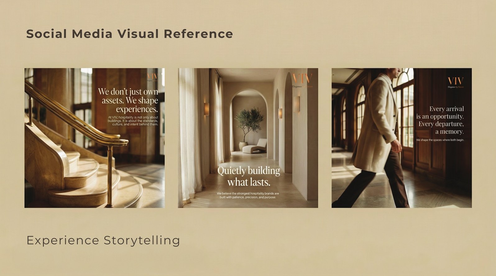 VIV social media reference, editorial interior photography with serif captions and the copper mark