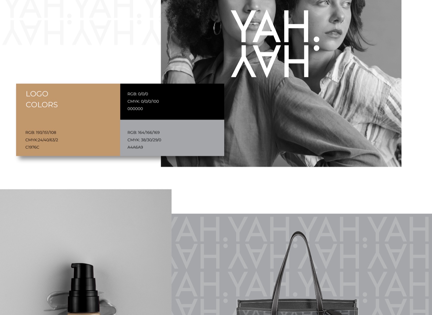 YAHYAH logo colours, tan, black and grey, with product
